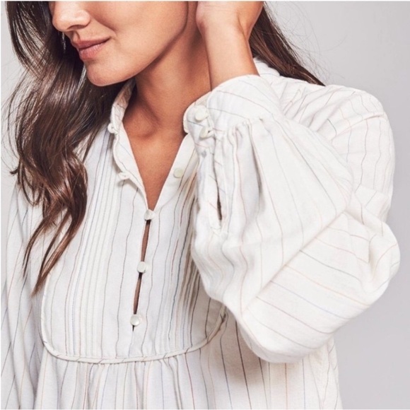 Faherty Janice Organic Cotton Long Sleeve Pintuck Bib Top in Miko Stripe XS - Picture 2 of 6